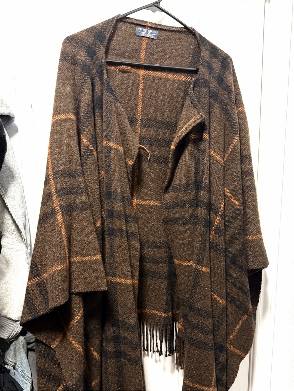 Burberry Brown Plaid Wool Blend Scarf with Orange Accents